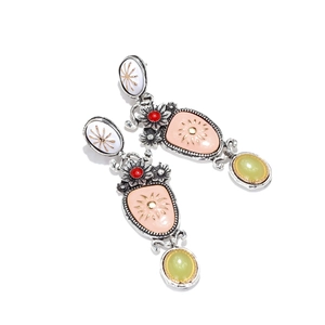 Vintage palace style long floral drop earrings with colorful enamel in silver finish