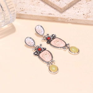 Vintage floral drop earrings with colorful enamel resin and intricate silver metal details
