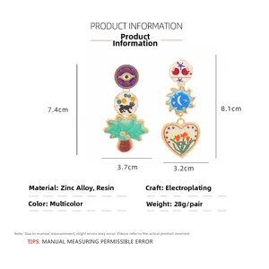 Asymmetric drop earrings detail with size specs in zinc alloy and colorful resin