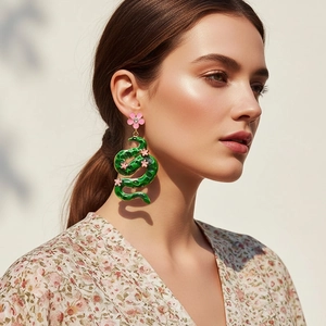 Green Snake Dangle Earrings Enamel Pink Flower Rhinestone Alloy Jewelry With Resin Earring Post For Women Quirky Style