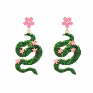 Chic snake hoop earrings with green enamel, pink flowers and sparkling crystal accents