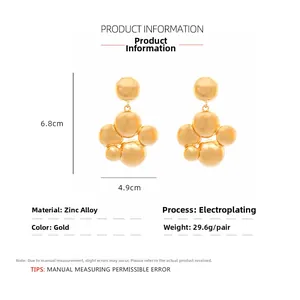 Detail view of gold clustered sphere earrings in zinc alloy with plating finish