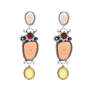 Bohemian floral drop earrings featuring colorful enamel stones and vintage silver finish