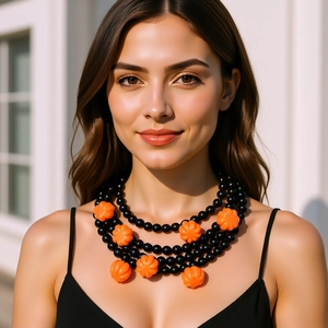 Halloween Multi-Layer Beaded Necklace With Resin Orange Pumpkin Pendants And Black Beads Gothic Statement Party Jewelry