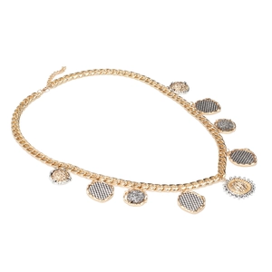 Collier gourmette bicolore vintage avec pendentifs pièces géométriques et cristaux