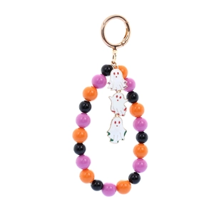 Halloween beaded keychain with orange purple black beads and three white ghost charms