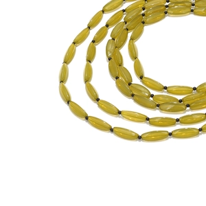 Bohemian style multi-layer necklace with olive green beads and black spacers in a waterfall design