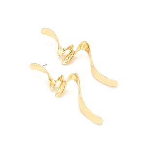 Modern gold wavy lightning drop earrings with polished metallic finish on white background