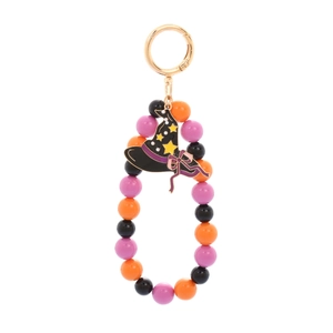 Halloween beaded charm with orange, black, and pink beads featuring a black witch hat pendant