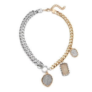 Two-tone silver and gold chunky chain necklace with geometric coin pendants and crystals