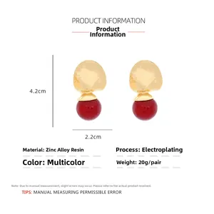 Detailed size specifications of retro geometric earrings with red resin bead drops
