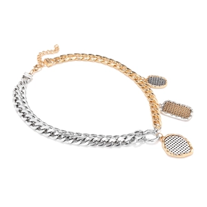 Two-tone gold and silver chunky chain necklace with geometric textured pendants