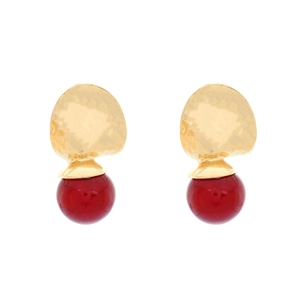 Geometric alloy drop earrings with hammered gold metal and deep red resin beads
