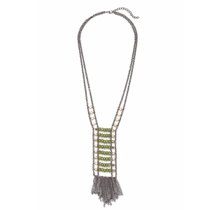 Bohemian Long Tassel Pendant Necklace Women Vintage Alloy Multi Strand Metal Chain Green Resin Beads Sweater Chain