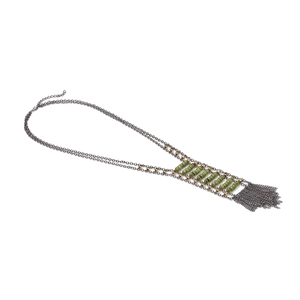 Bohemian multi-layer long fringe necklace with olive green beads and dark grey metal chains