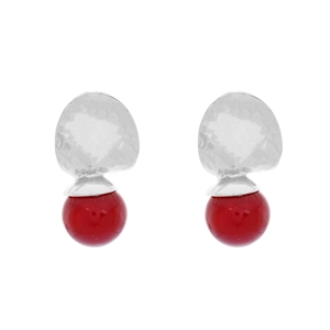 Minimalist geometric alloy drop earrings with silver hammered finish and red resin beads