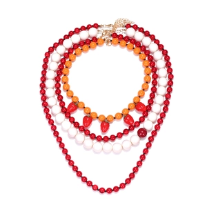 Layered beaded necklace set with red strawberry charms and adjustable lobster clasp