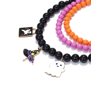 Halloween beaded necklace with ghost and wizard hat charms in purple, black, and orange