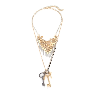 Collier Multirang Bohème Pour Femme Rétro Alliage De Zinc Paillettes Métalliques Gland Avec Pendentifs Clé Bijoux