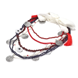 Bohemian multi-strand beaded waterfall necklace with metallic pendants and red tassels