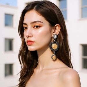 Vintage Palace Style Long Drop Earrings Zinc Alloy Rhinestone Resin Geometric Hammered Texture Jewelry For Women