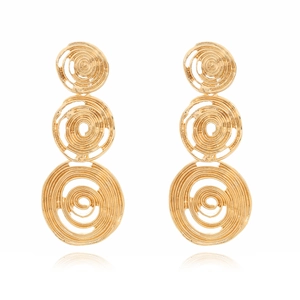Detail of gold textured spiral hoop earrings with tiered triple-circle drop design