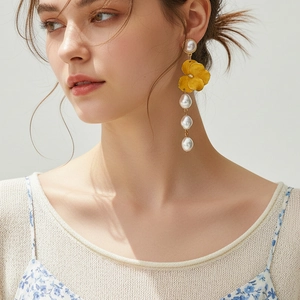Asymmetric Flower Enamel Drop Earrings With Baroque Imitation Artificial Pearls And Stainless Steel Earring Post Floral Retro Jewelry