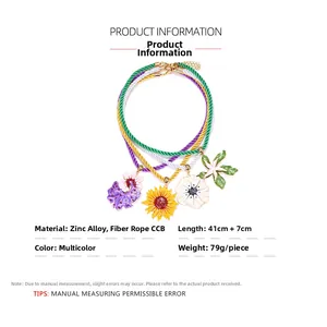 Detail of four colorful enamel flower pendants with multi-layer fiber rope and zinc alloy
