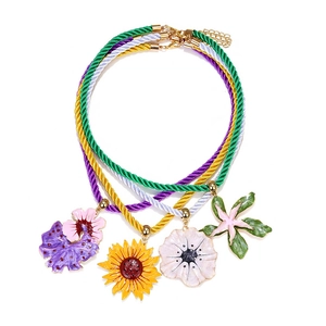 Enamel Sunflower Floral Pendant Necklace Bohemian Multi Strand Braided Fiber Rope Layered Summer Vacation Jewelry Women