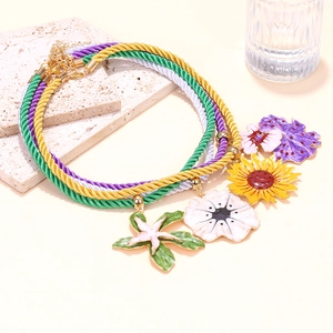 Multilayer woven rope necklace with colorful enamel sunflower and floral pendants