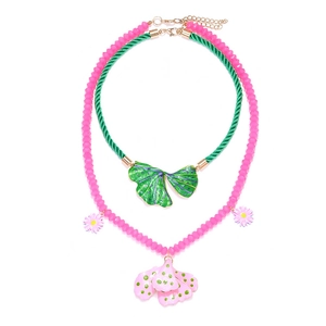 Layered floral necklace set with green and pink ginkgo leaf pendants and beaded chain