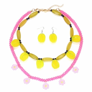 Daisy Flower And Star Fruit Layered Jewelry Necklace And Earrings Resin Beads Zinc Alloy Bohemian Summer Style For Women