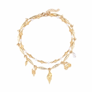 Gold double-layered tropical ocean necklace with shell, crab and pearl charms