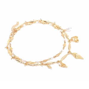 Double-layered gold ocean necklace with pearls, fish, crab and conch shell pendants