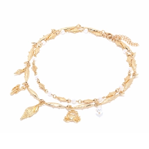 Double-layered golden ocean necklace with tropical fish, crab charms and white pearls