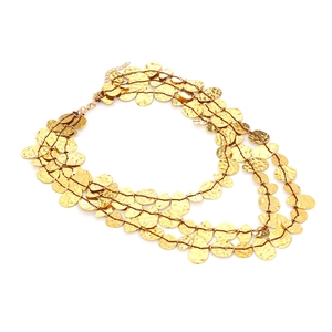 Multilayer gold hammered oval disk fringe necklace in retro bohemian waterfall style