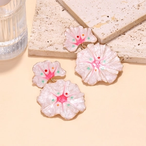 Chic light pink enamel flower earrings with a pearlescent texture and elegant dangle design
