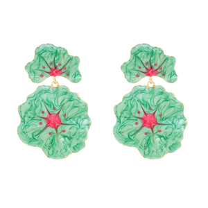 Exaggerated mint green enamel flower drop earrings with golden metal leaf accents