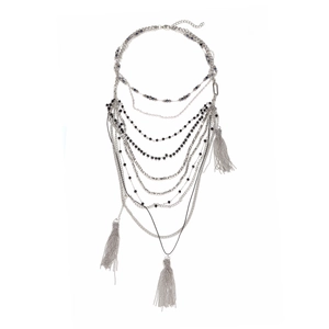 Multilayer Necklace With Black Resin Beads And Long Alloy Tassel Waterfall Bohemian Style Jewelry For Women