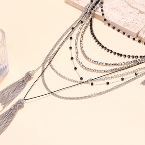Bohemian multi-layer waterfall fringe necklace with silver chains and black beads