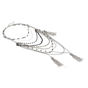 Multilayer beaded necklace with silver waterfall fringe pendants on a white background
