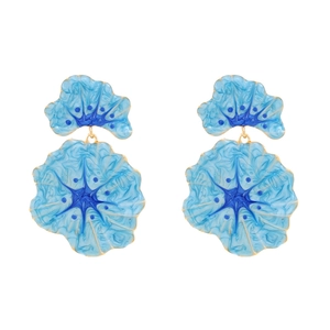 Exaggerated floral enamel earrings with blue marbling and golden alloy metal frame