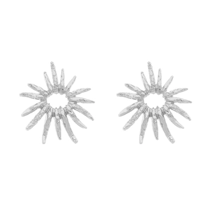 Silver sunflower stud earrings with textured metallic starburst design on white background