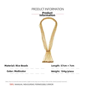 Detailed view of handmade multi-strand seed bead necklace in golden finish with size metrics