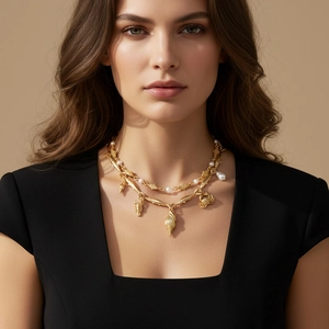 Layered Necklace Zinc Alloy Faux Artificial Pearl Marine Animal Fish Crab Conch Charms Summer Vacation Jewelry Women