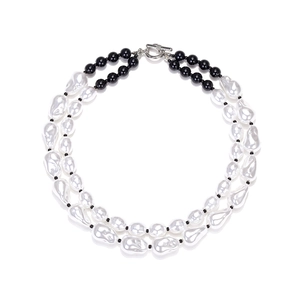 Double-layer Baroque pearl and black bead necklace with vintage silver toggle clasp closure