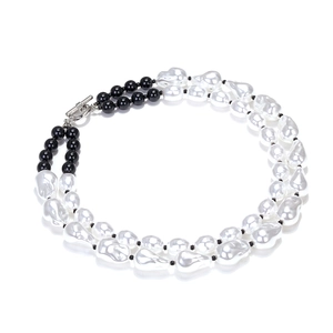 Vintage multilayer baroque faux pearl and black bead necklace with a silver OT toggle clasp
