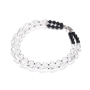 Double-layered Baroque pearl and black beaded necklace with silver toggle clasp