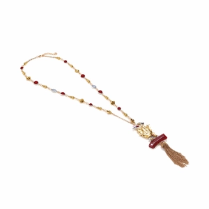 Vintage style long tassel necklace with colorful beads and gold metal pendant