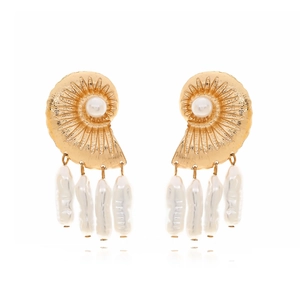 Shell Snail Dangle Earrings With Stainless Steel Earring Post Baroque Imitation Artificial Pearl Gold Alloy Beach Holiday Jewelry Women